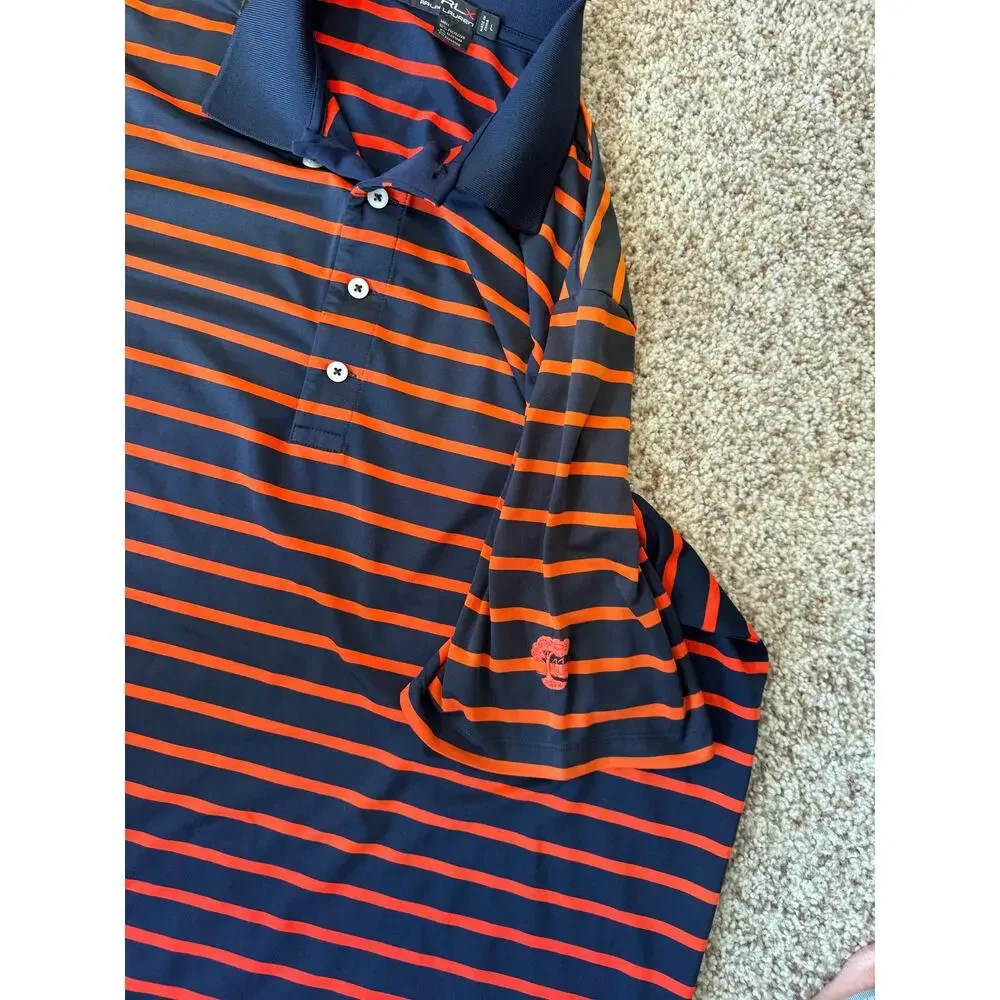 RLX Ralph Lauren Polo Shirt Mens L Navy Blue Orange Striped Short Sleeve Golf
